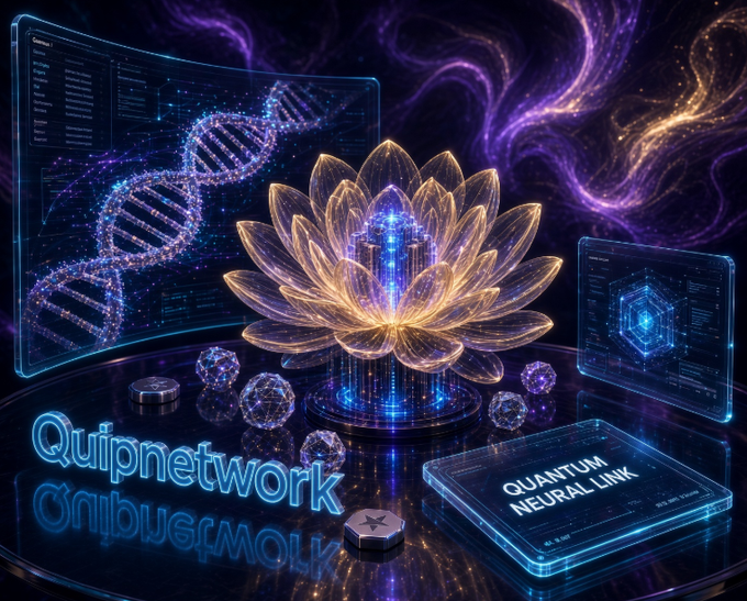 A futuristic digital art piece featuring a glowing lotus flower made of light particles, with DNA helix imagery and the text 'Quipnetwork' and 'QUANTUM NEURAL LINK'.
