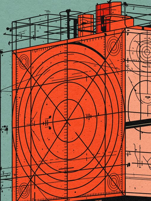An abstract artistic illustration featuring a red geometric structure overlaid with technical drawings, concentric circles, grid lines, and architectural sketches against a teal background.