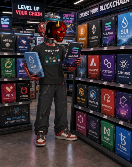 The image shows a figure wearing a red oni mask and a black t-shirt holding a blue SUI box and a Solana box, standing in front of shelves stocked with cryptocurrency-themed products labeled with names like "BITCOIN," "ETHEREUM," "SUI," "SOLANA," "AVALANCHE," "POLYGON," "CARDANO," and "OPTIMISM," under a sign reading "CHOOSE YOUR BLOCKCHAIN." The caption "LEVEL UP YOUR CHAIN" and "THE FUTURE IS DECENTRALIZED" appear on signs, visually representing the post's theme of evaluating SUI and the Solana ecosystem for choosing the best blockchain opportunities.