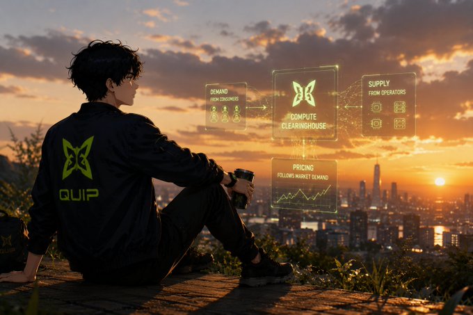 An anime-style digital artwork depicting a young man in a black 'QUIP' bomber jacket sitting on a hill at sunset overlooking a city skyline, with holographic interfaces showing 'DEMAND FROM CONSUMERS', 'SUPPLY FROM OPERATORS', 'COMPUTE CLEARINGHOUSE', and 'PRICING FOLLOWS MARKET DEMAND' floating in the air.