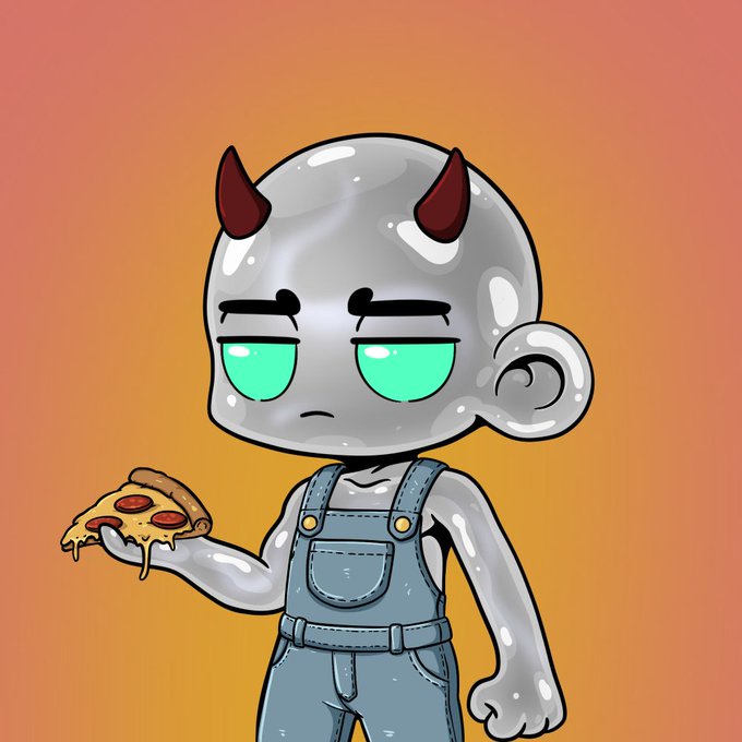 A cartoon illustration shows a gray devil-like character with red horns and green eyes wearing denim overalls and holding a slice of pepperoni pizza against an orange gradient background.
