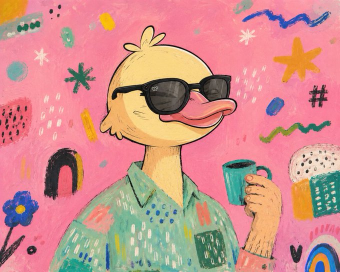 A colorful, childlike painting of a duck character wearing sunglasses and a green patterned shirt, holding a teal mug, surrounded by stars, shapes, and abstract elements on a pink background.