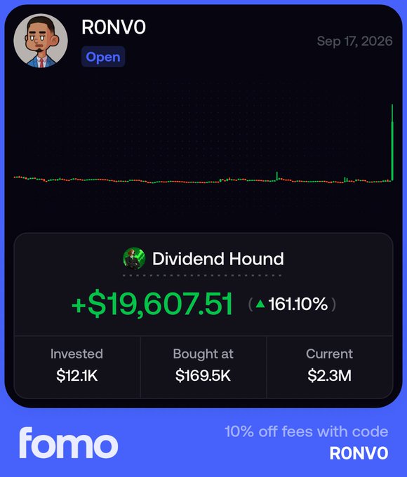 A Fomo app trading screen showing the ticker 'RONVO' open on September 17, 2026, with a 'Dividend Hound' profit of '+$19,607.51' (161.10%) and an ad for 10% off fees with code 'RONVO'.