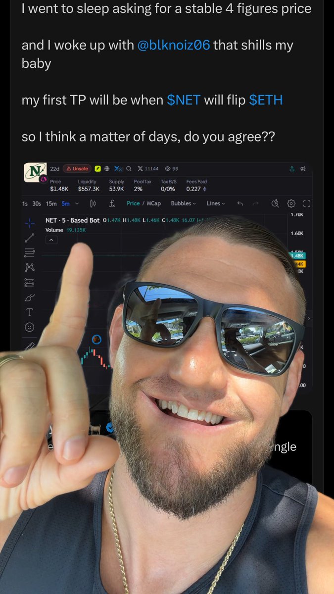 A smiling man wearing sunglasses and a gold chain points upward while standing in front of a chart displaying $NET priced at $1.48K. Overlaid text jokes about waking up to "shills my baby" and predicts $NET will flip $ETH "in a matter of days," aligning with the post's bullish claims that the account front-ran DeFi Summer and RWA plays and teasing tomorrow's "alpha show."