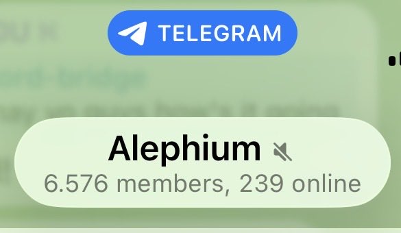 A screenshot showing a Telegram group banner for 'Alephium' with 6,576 members and 239 online.