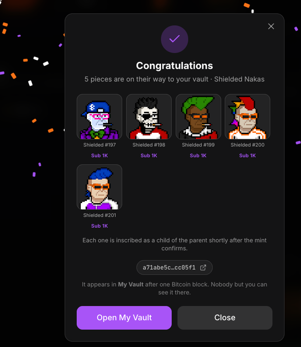 A "Congratulations" screen for an NFT minting on what appears to be the Magic Eden platform, showing five "Shielded" pixel-art characters numbered 197-201 minted as children of "Shielded Nakas."