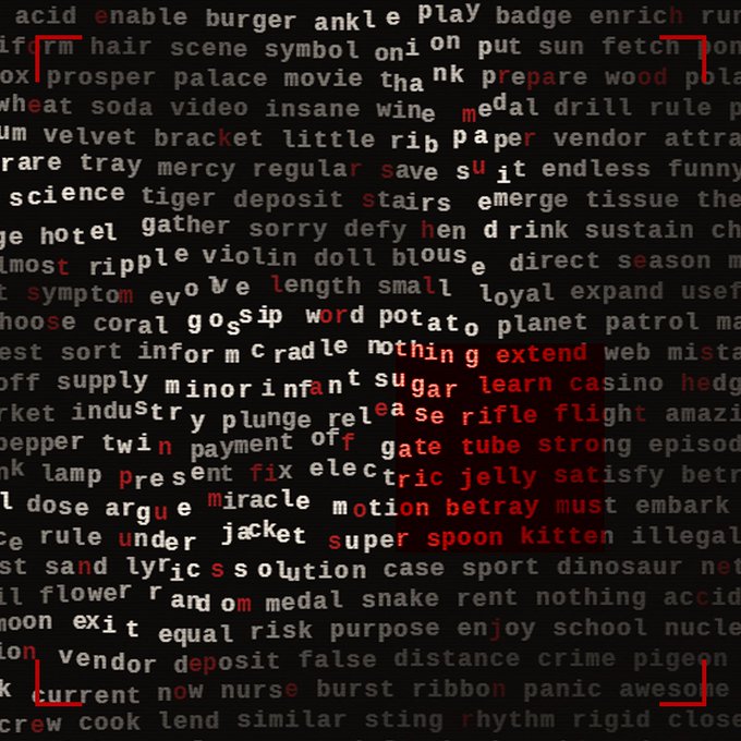 A dark image filled with scattered English words in white and red text, such as 'acid,' 'burger,' 'present,' and 'current,' with red brackets framing the corners.