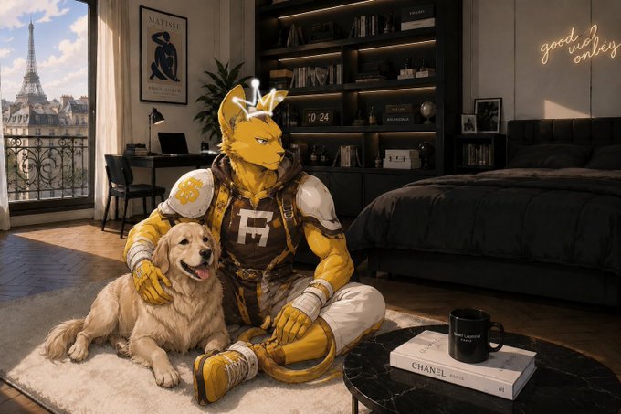 A yellow anthropomorphic feline character with a crown sitting on the floor of a stylish Parisian apartment with a golden retriever, featuring a neon 'good vibes only' sign and books by Chanel on a coffee table.