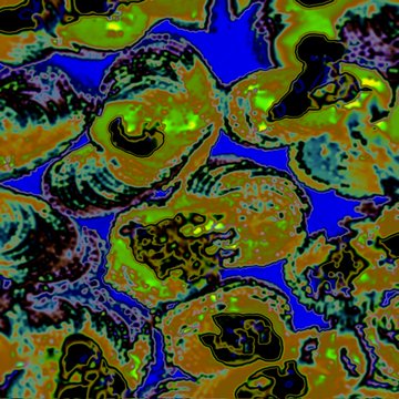 An abstract, colorful image featuring swirling, organic shapes in green, yellow, and blue with high contrast and a psychedelic appearance.