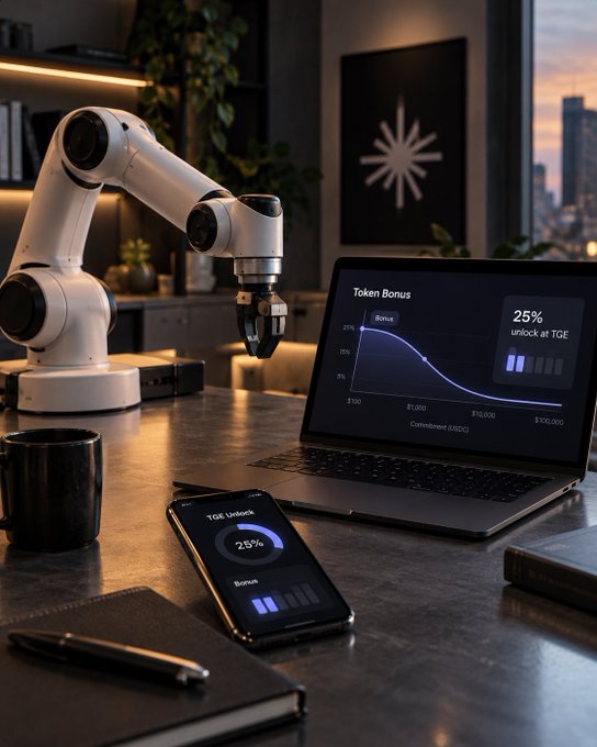 A robotic arm sits on a desk next to a laptop and smartphone displaying a 'Token Bonus' chart with a 25% unlock indicator, suggesting a TGE (Token Generation Event).