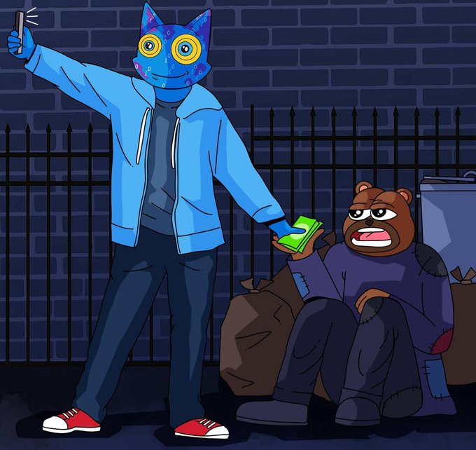 A cartoon illustration shows a figure in a blue hoodie wearing a colorful cat mask, holding a knife and handing money to a disheveled bear-like character sitting by trash bags.