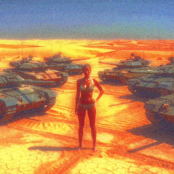A stylized, warm-toned digital illustration of a woman standing confidently between rows of military tanks in a desert landscape at sunset.