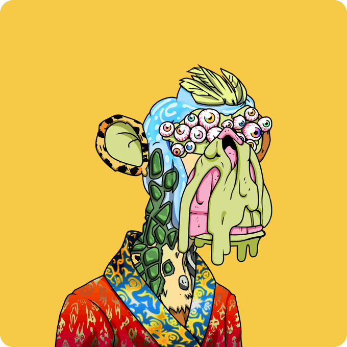 A grotesque monkey with dozens of eyeballs covering its face, melting skin, and green scaly features wears a vibrant red, blue, and gold patterned robe against a yellow background.