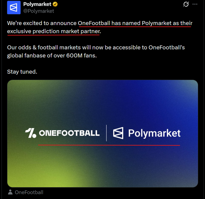 "The image shows a flyer advertisement from OneFootball promoting their new partnership with Polymarket. The flyer highlights the exclusive partnership, which will make their prediction market partners more accessible to global fans, as well as offer 600M+ football fans better price action."