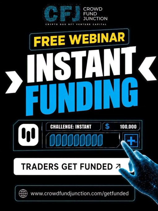 A promotional graphic for 'CFJ CROWD FUND JUNCTION' advertises a 'FREE WEBINAR' and 'INSTANT FUNDING', with 'TRADERS GET FUNDED' and a website 'www.crowdfundjunction.com/getfunded'.