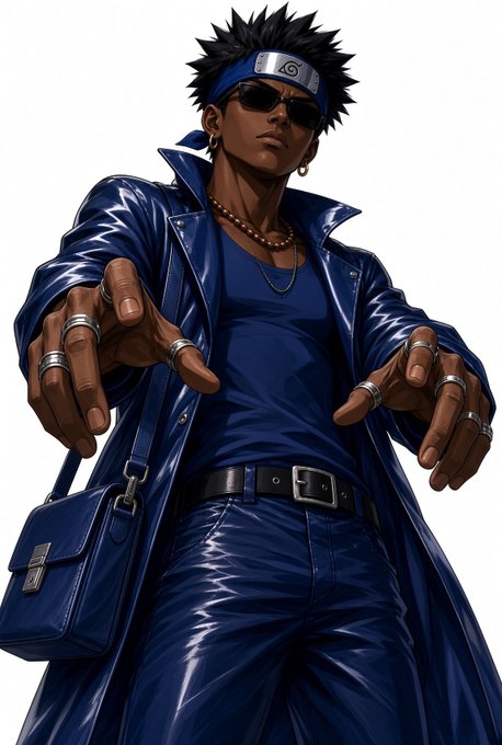 An anime-style illustration depicts a stylish man with spiky black hair, a blue headband featuring a Konoha (leaf village) symbol, sunglasses, hoop earrings, and a long blue leather coat, striking a confident pose with his hands extended toward the viewer.