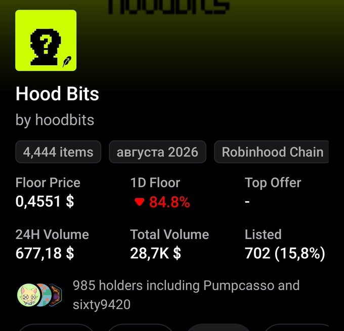 A screenshot of an NFT collection page for "Hood Bits" by hoodbits on the Robinhood Chain, showing a floor price of $0.4551 with a 84.8% drop in 24 hours and 677.18 in 24H volume, illustrating the poster's lament about losing $450 on a Web3 investment that collapsed in value.