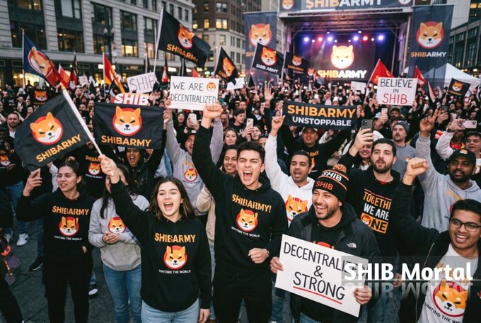 An energetic crowd rallies at a "SHIBARMY" branded event, with attendees wearing matching Shiba Inu merchandise and holding signs reading "SHIBARMY UNSTOPPABLE," "WE ARE DECENTRALIZED," "BELIEVE IN SHIB," and "TOGETHER WE ARE ONE," while a "SHIB Mortal" watermark appears in the corner. The image visually embodies the post's message about the $SHIB community showcasing their strength as a unified, decentralized movement.