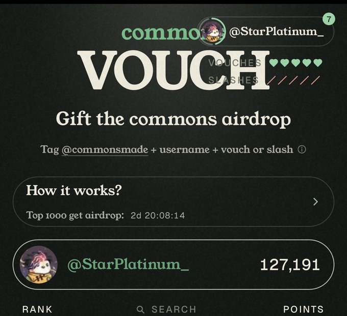A screenshot of the Commons Vouch/Slash airdrop leaderboard shows user @StarPlatinum_ with 127,191 points and a notification badge of 7, ranking among the top 1000 participants who will receive the airdrop in 2 days, 20 hours, 8 minutes, and 14 seconds. The page instructs users to tag @commonsmade with their username and either "vouch" or "slash" to earn points.