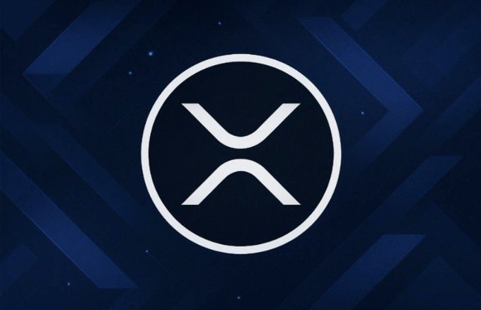 A simple white circular logo with an 'X' symbol inside it, displayed on a dark blue background with subtle starry and chevron pattern details, representing the XRP cryptocurrency.