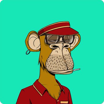 A cartoon illustration of a Bored Ape Yacht Club NFT character wearing a red bellhop-style cap, sunglasses, and a red polo shirt, with a thermometer in its mouth, set against a teal background. The post suggests this StonkBroker-themed ape was recently traded alongside 2.69 ETH, humorously questioning whether the deal was worthwhile.