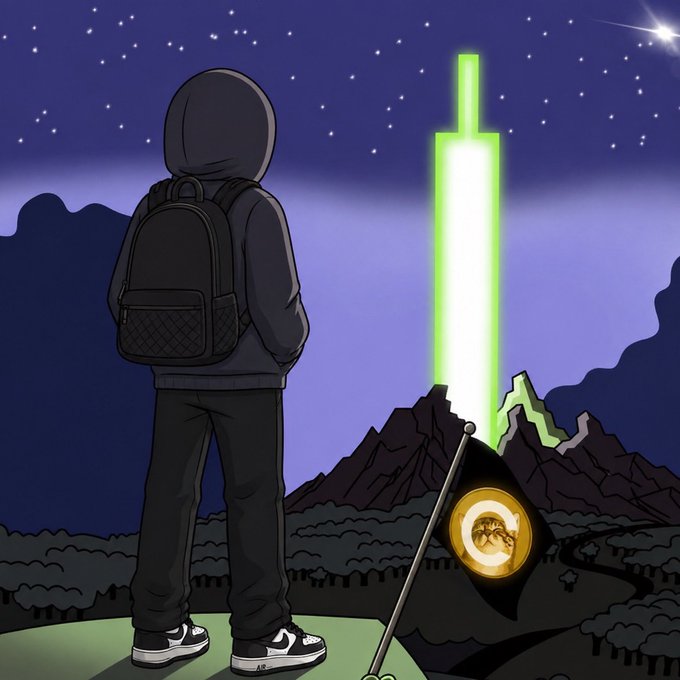 A hooded figure with a backpack and sneakers gazes at a glowing green beacon emanating from a mountain under a starry night sky, while a flag bearing the CATE logo—a cat within a circular emblem—stands planted nearby. The image visually represents the post's sentiment, symbolizing the hopeful pursuit of accumulating more $CATE tokens.