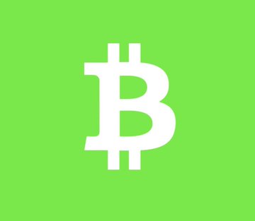 A white Bitcoin symbol “฿” appears centered on a solid bright green background.