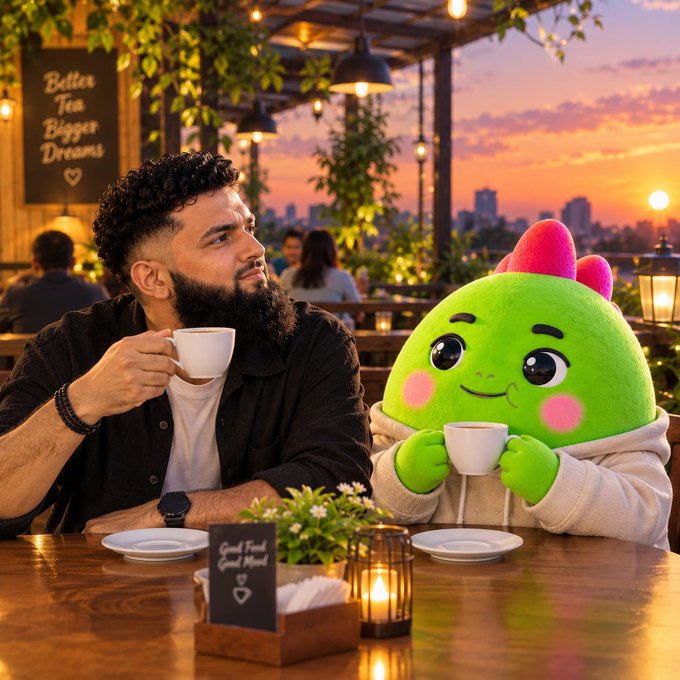An AI-generated image of a bearded man and a cute green cartoon mascot character with pink cheeks and a mohawk, both holding teacups at a sunset café with 'Better Tea Bigger Dreams' sign visible.