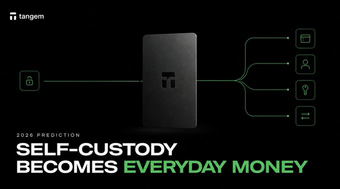 A Tangem advertisement with text '2026 PREDICTION: SELF-CUSTODY BECOMES EVERYDAY MONEY' showing a black Tangem hardware wallet device connected by lines to various function icons including a lock, card, person, key, and exchange symbols.