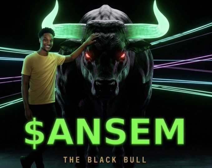 A promotional graphic for '$ANSEM THE BLACK BULL' showing a man in a yellow shirt smiling next to a menacing dark bull with glowing green horns and red eyes, set against a neon-lit background.