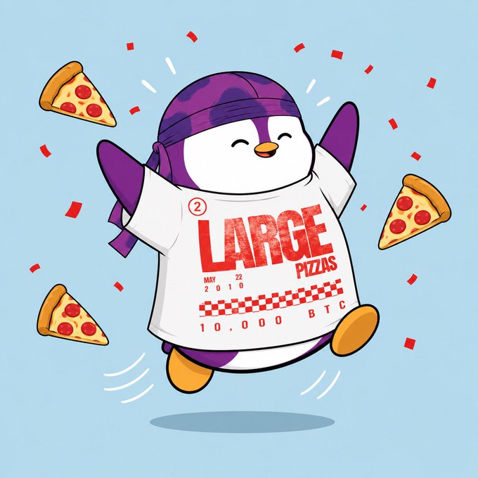 An illustration of a happy purple and white penguin wearing a purple bandana and a t-shirt reading '2 LARGE PIZZAS MAY 22 2010 10.000 BTC', surrounded by pizza slices and confetti.