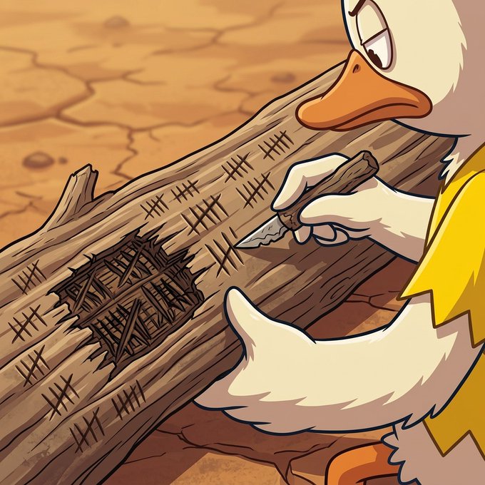 An animated illustration of a duck wearing a yellow garment, carefully carving tally marks into a wooden log with a small blade in a dry, cracked landscape.