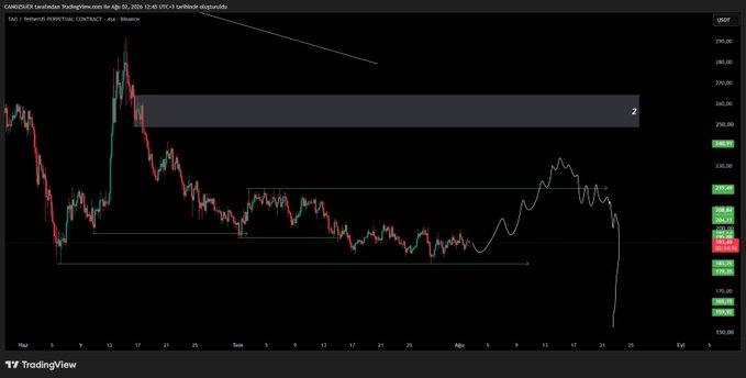 A TradingView chart of Bittensor (TAOUSDT) on the 4-hour timeframe displays price action between approximately $160 and $240 from March to July 2024, featuring a highlighted resistance zone near $260-280 and support level around $160, supporting the post's analysis of potential price movements toward $220 and a possible retracement to fill the gap at $160.