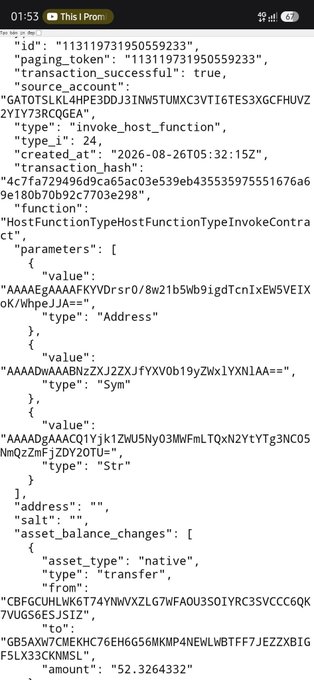 The image shows a screenshot of JSON-formatted transaction data from the Pi Network Testnet, including details like transaction success status, source account "GATOTSLKL4HPE3DDJ3INW5TUMXC3VTl6TE53XGCFHVUVZ YIY73RCQGEA," transaction hash "4c7fa72949...," and a host function call of type "InvokeContract" with encoded parameters and an asset balance change of 52.3264332. This corresponds with the post's claim that Pi Network's Smart Contract V27 is live on the Testnet, providing visual evidence of a real smart contract transaction in action.
