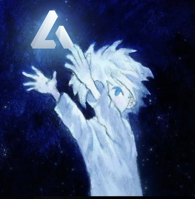 A digital painting of a pale blue-haired anime character reaching upward against a dark starry background with a triangular logo at the top.