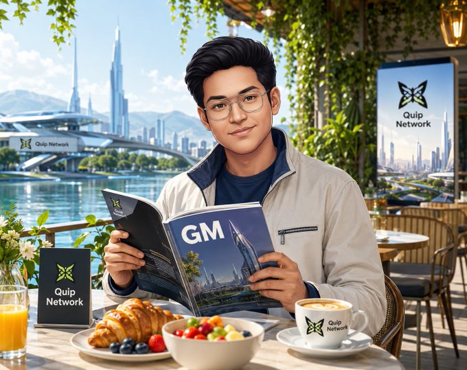 An AI-generated image of a young man with glasses reading a brochure labeled "GM" at a cafe, with "Quip Network" branding visible on the table and background.