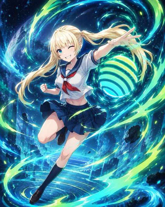 An anime-style blonde schoolgirl in a sailor uniform winks and strikes a dynamic pose amid swirling cosmic energy, symbolizing Jupiter's expansive and powerful ecosystem. The vivid blues and greens swirling around her represent the dynamic, full-fledged on-chain financial products offered by Jupiter beyond just swapping on Solana.
