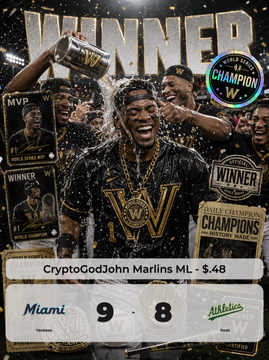 The image celebrates a winning sports betting pick, showing a jubilant player holding a championship trophy amidst "WINNER" and "CHAMPIONS" graphics, with overlays displaying "CryptoGodJohn Marlins ML - $.48" and the final score "Miami 9, Athletics 8," matching the post's mention of a successful Marlins moneyline prediction at that price.