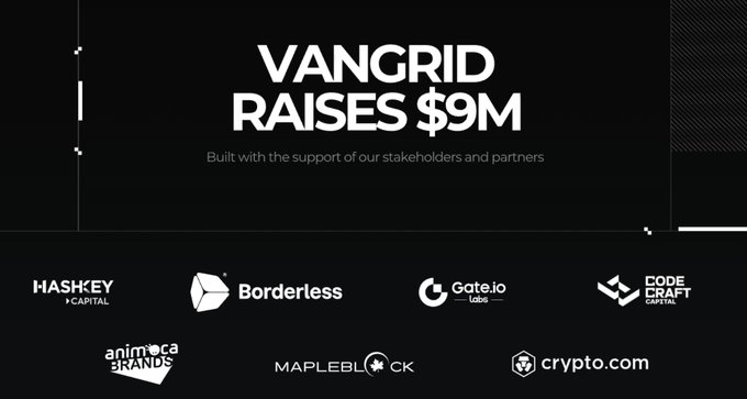 A black promotional graphic announces "VANGRID RAISES $9M" built with the support of stakeholders and partners, displaying logos of backers including Hasey Capital, Borderless, Code Craft Capital, Gate.io Labs, Animoca Brands, Mapleblock, and Crypto.com.

The image relates to the post by highlighting Vangrid's newly announced $9M fundraising round and its notable investors, suggesting the author discovered the campaign through the Nucleus ecosystem announcement.