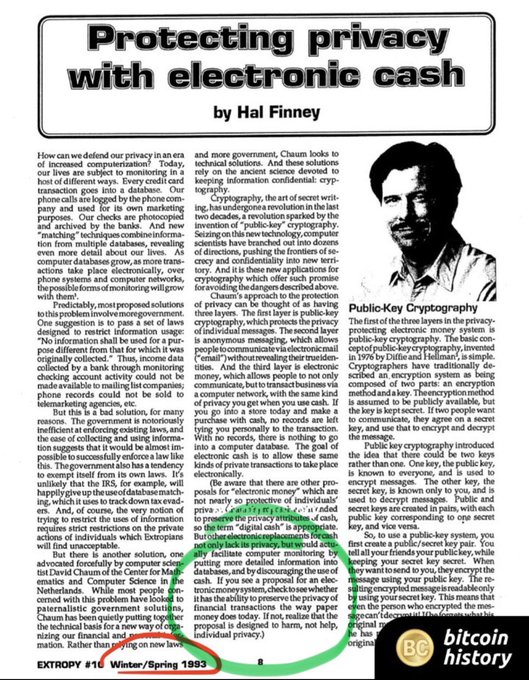 The image is a scanned page from "Extropy Magazine," Winter/Spring 1993, featuring an article titled "Protecting Privacy with Electronic Cash" by Hal Finney (listed as "Hal Finney"). The text discusses public-key cryptography, encryption systems, and privacy concerns in an increasingly digital world, with a "Beldex bitcoin history" logo in the bottom right corner referencing the accompanying post about Beldex's privacy-focused mission.