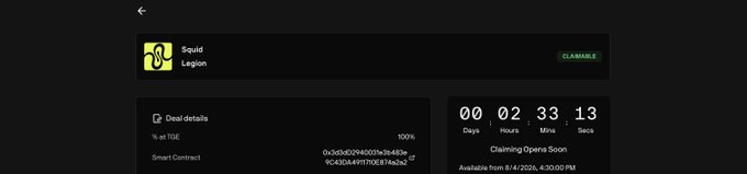 A webpage showing 'Squid Legion' claimable with a countdown timer of 00 days, 02 hours, 33 minutes, 13 seconds, and smart contract addresses listed.