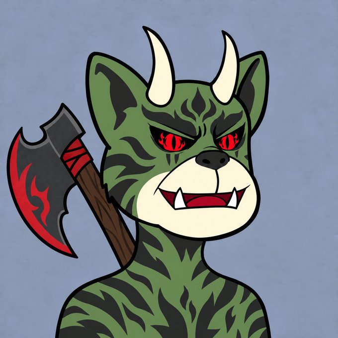 A cartoon illustration of a fierce green demonic cat-like creature with black stripes, white horns, red eyes, and fangs, alongside a battle axe with red flame designs on a wooden handle.