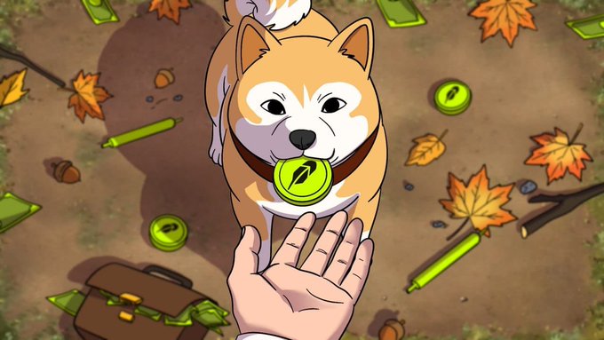An overhead illustration showing a hand reaching toward a Shiba Inu dog holding a glowing green bottle cap in its mouth, with autumn leaves and more bottles scattered on the ground.