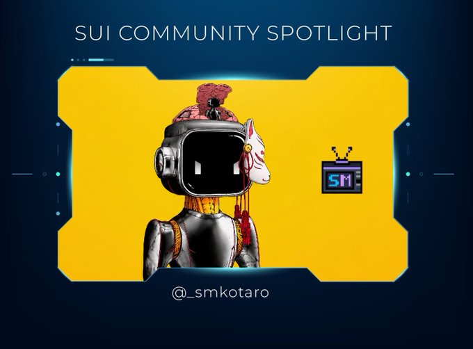 A 'SUI COMMUNITY SPOTLIGHT' graphic featuring a robot with a fox mask and exposed brain, credited to '@_smkotaro' with a small TV logo.