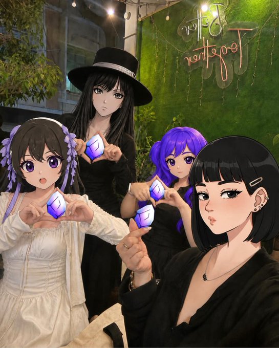 Four anime-style girls posing together at 'Pontocho' restaurant, each making heart shapes with their hands around a purple Polygon (MATIC) logo.