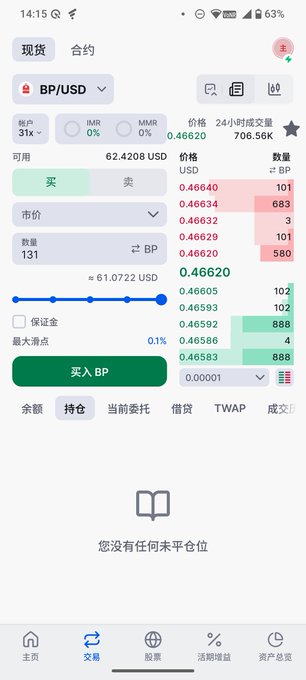 A mobile trading app interface in Chinese showing a BP/USD order book with current price 0.46620, 24-hour volume 706.56K, and available balance of 62.4208 USD.