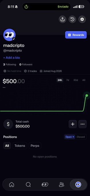 A mobile screenshot of a Polymarket profile for user 'madcripto' (@madcripto) showing a total cash balance of $500.00, a sharp spike on the portfolio chart, and 'No open positions'.