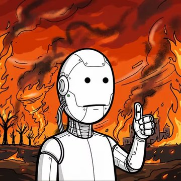 An illustration of a white robot character giving a thumbs up, standing in front of a fiery red apocalyptic background with smoke and destruction.