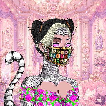 An illustration of a female character with black and white striped fur, dark hair buns, wearing a pink and green outfit and a gem-covered face mask in an ornate pink room.