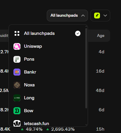 A dark-themed dropdown menu displaying 'All launchpads' with a list of crypto platforms including Uniswap, Pons, Bankr, Noxa, Long, Bow, and letscash.fun, with percentage changes and age columns visible.
